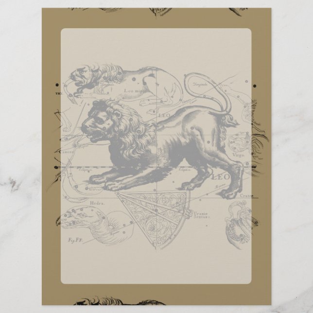 Leo Constellation Map Hevelius 1690 sur Taupe (Devant)