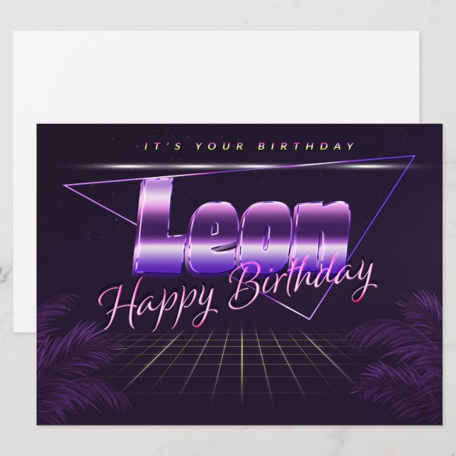 Leon Nom Prénom carte rétro lilas Anniversaire (Devant / Derrière)
