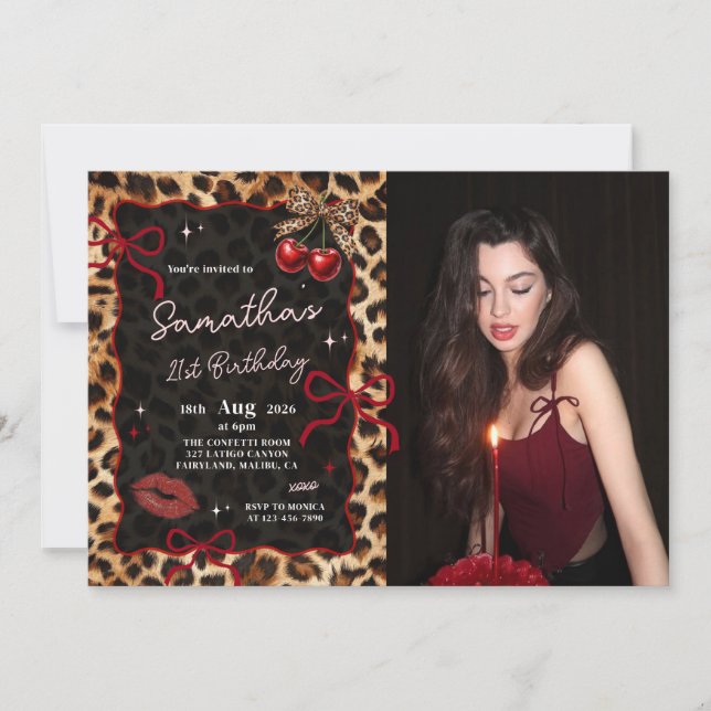 Leopard Cheetah Cherries Birthday Photo Invitation (Devant)