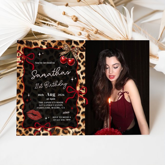 Leopard Cheetah Cherries Birthday Photo Invitation (Créateur téléchargé)