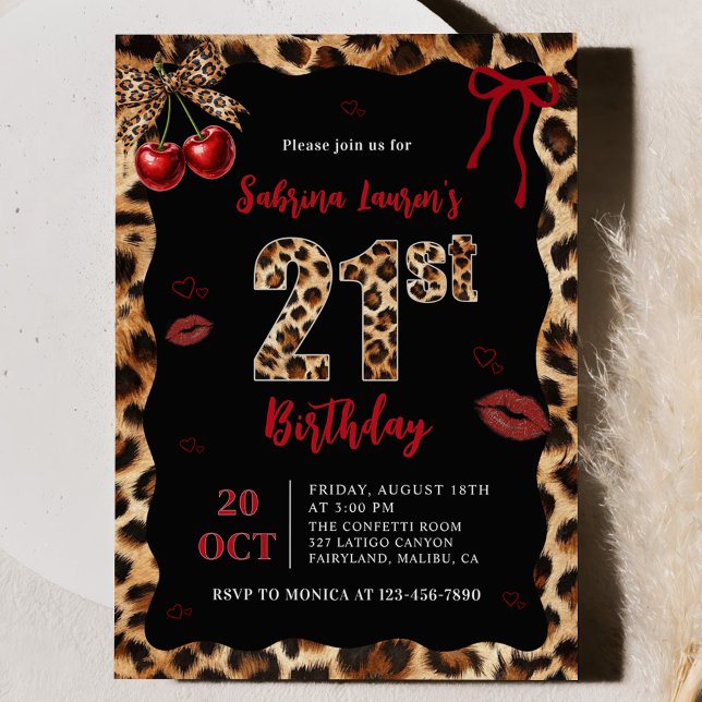 Leopard Cheetah Cherry 21st Birthday Invitation (Créateur téléchargé)