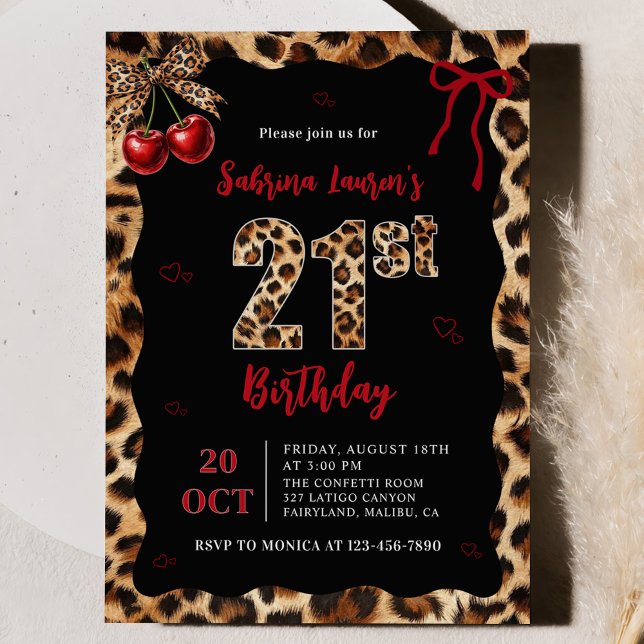 Leopard Cheetah Cherry 21st Birthday Invitation (Créateur téléchargé)