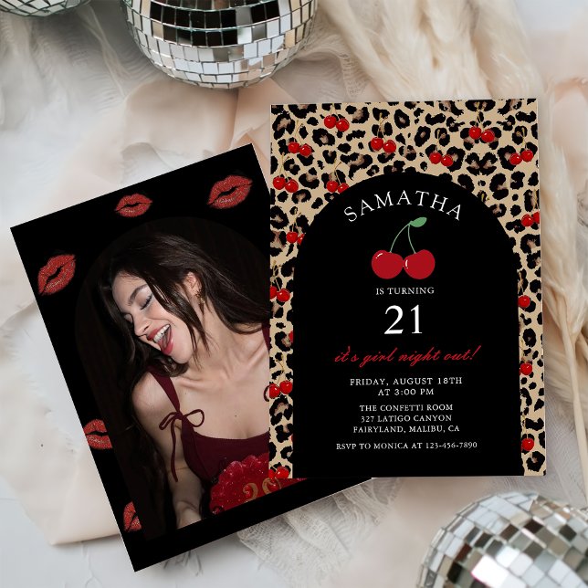 Leopard Cheetah Cherry Birthday Photo Invitation (Créateur téléchargé)