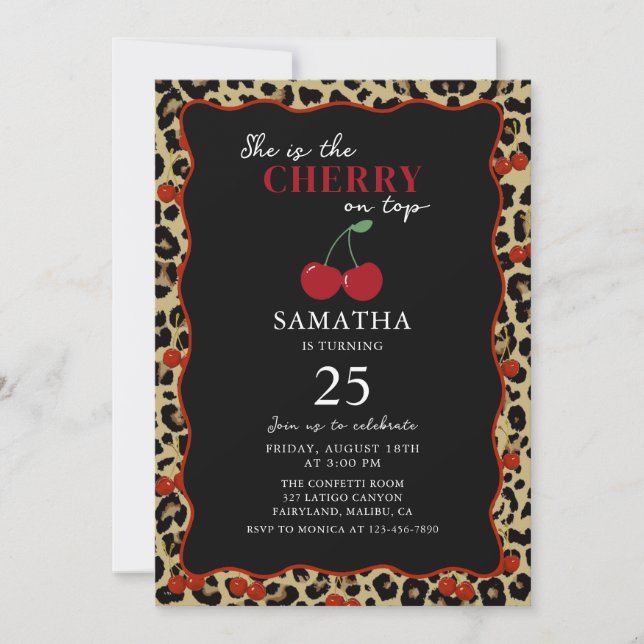 Leopard Cheetah Cherry On Top Birthday Invitation (Devant)