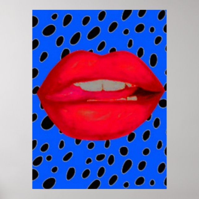 leopard d'art à lèvres rouges bleu imprimé affiche (Devant)