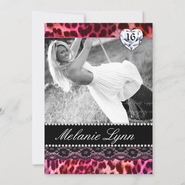 Leopard Lace Sweet 16 Invitations Coeur rose (Devant)