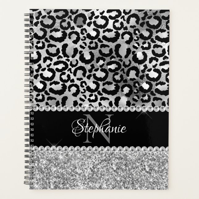 Léopard Noir et Argent Girly Glam Monogramme (Devant)
