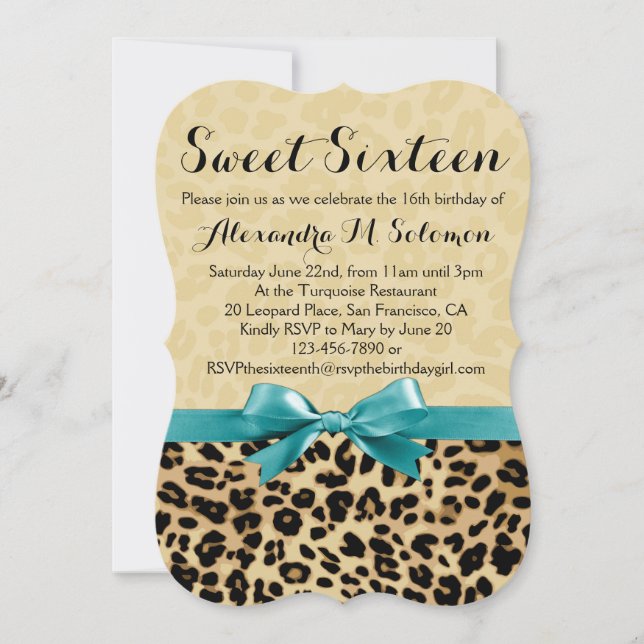Leopard Turquoise Bow Sweet 16 Party Invitation (Devant)