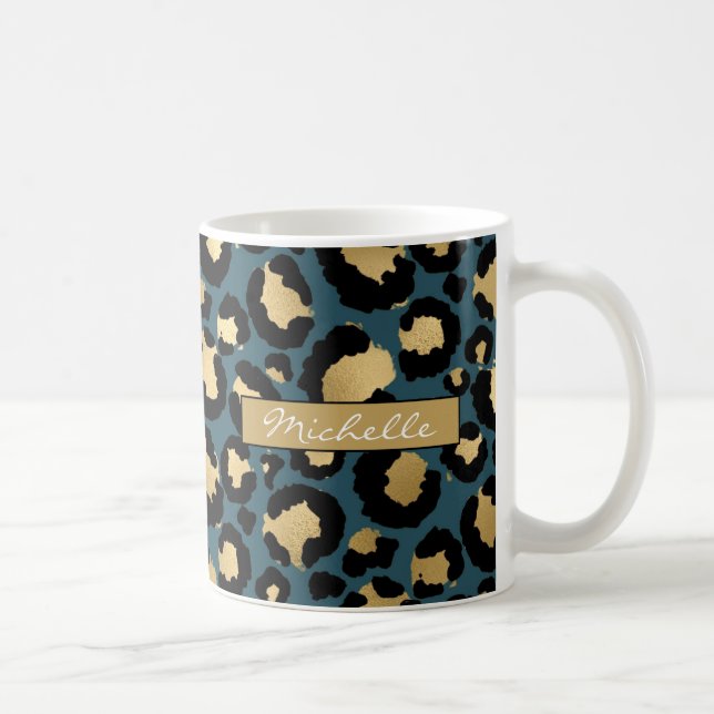 Léopard Turquoise et doré profond Mug de café pers (Droite)
