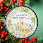 Les animaux de la jungle Premier ornement de Noël<br><div class="desc">Le joli bébé ornementé de Noël est le plus doux des petits animaux de la jungle encadrés de feuilles de la jungle aquarelle.</div>