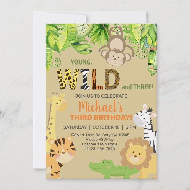 Les animaux Safari garçon invitation de 3ème anniv (Devant)
