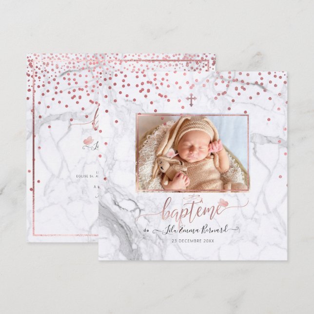 Les confettis d'or rose Faire-part de Baptême (Devant / Derrière)