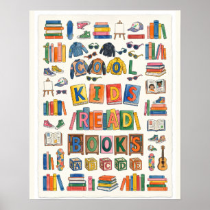 Les enfants cool lisent des livres Affiche aquarel