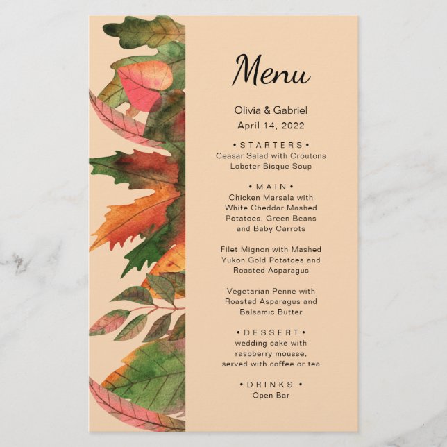 Les feuilles tombent. Menu mariage élégant d'autom (Devant)