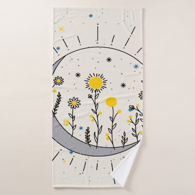 Les fleurs planent le soleil et la lune graphisme (Serviette de bain)