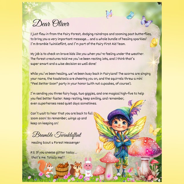 Les garçons se portent bien Bientôt Lettre Fée - P (Boys Get Well Soon Fairy Letter – Personalized Printed Note from Bramble Twinkleflint)