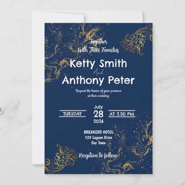 Les invitations de mariage sont bleu foncé, or et  (Devant)