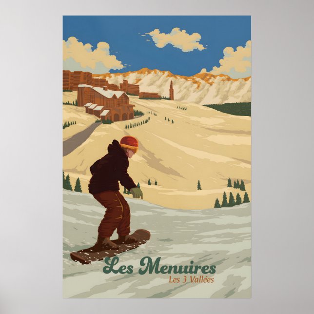 Les Menuires Affiche de voyage pour le snowboard (Devant)