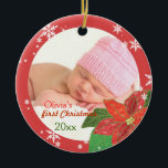 Les premiers ornements de photos rouges de Noël de<br><div class="desc">Elégant poinsettia fleur & flocons de neige conçus sur mesure Photo Keepsaké Ornements. Célébrez la période la plus merveilleuse de l'année en décorant votre maison avec ce joli et doux ornement de bébé qui montre la photo de votre nouveau bébé! Il est facile de personnaliser l'ornement avec votre propre photo...</div>