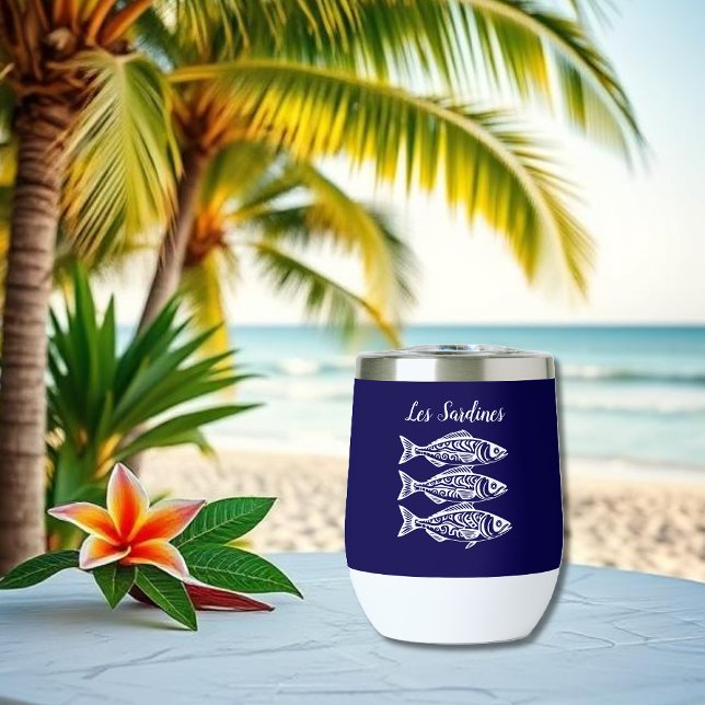 Les Sardines - Coeur pêcheur hawaïen (Les Sardines- Hawaiian Tribal pattern, Fisherman Core, summer, beach, pool, party, wine tumbler blue)