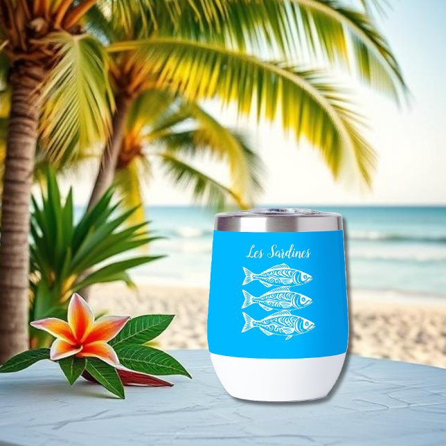 Les Sardines-Hawaiian Fishman Core- bleu clair (Les Sardines- Hawaiian Tribal pattern, Fisherman Core, summer, beach, pool, party, wine tumbler blue)