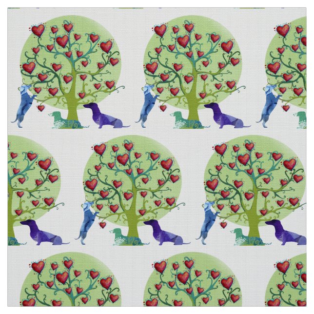 Les teckels aiment le jardin, coeurs rouges, tissu (Échantillon)