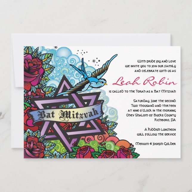 L'ÉTOILE BLUEBIRD DE DAVID Invitation Bat mitzvah (Devant)