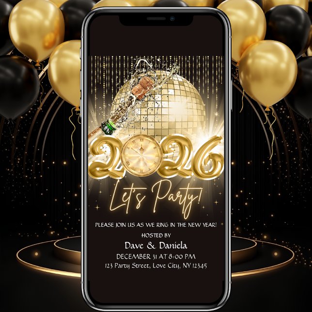 Lets Party Black Gold New Year Eve 2026 Invitation (Créateur téléchargé)