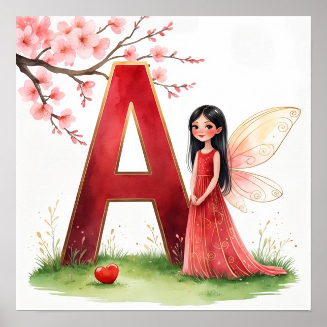 Letter A Fairy Nursery Poster - Cherry Blossoms (Devant)