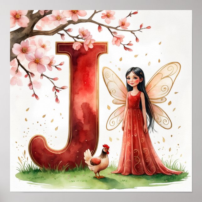 Letter J Rooster Cherry Blossom Fairy Poster Art (Devant)