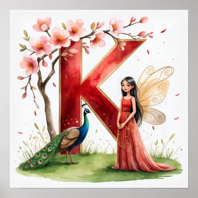 Letter K Peacock Fairy Poster - Elegant Art (Devant)