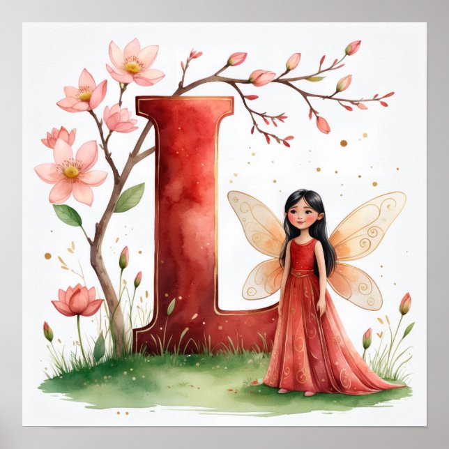 Letter L Lotus Flower Fairy Art Poster - Botanical (Devant)