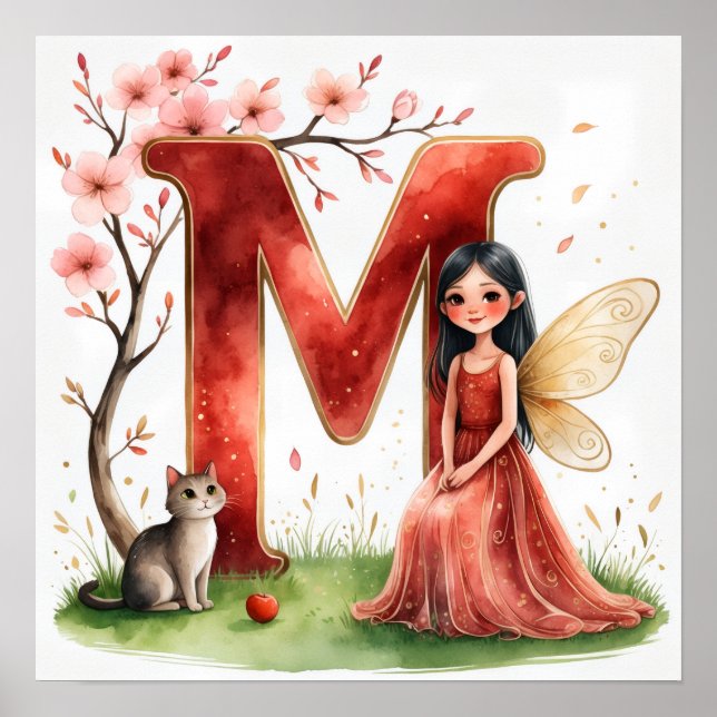 Letter M Cat Fairy Poster Feline Pet Alphabet Art (Devant)