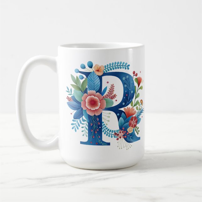 Letter R Floral coffee Mug with custom name (Gauche)