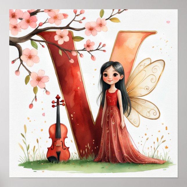 Letter V Violin Fairy Poster -Alphabet Art (Devant)