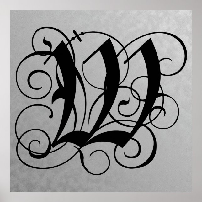 Letter W, Gothic Monogram Black Poster (Devant)