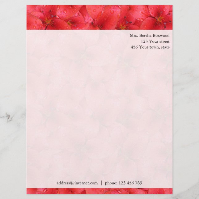 Lettre À En-tête Adresse faite sur commande botanique de lis rouges (Devant)