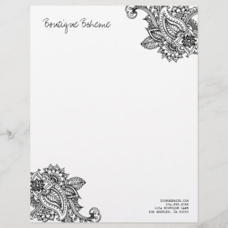 Lettre À En-tête Henné noir et blanc illustré Bohemian Paisley
