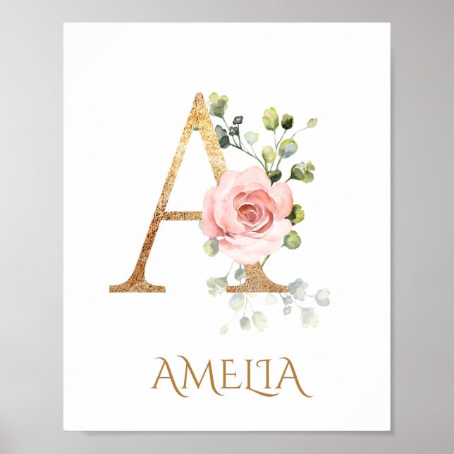 Lettre A Monogramme Rose Peach rose Nursery Poster (Devant)