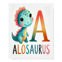 Lettre A, Poster d'aquarelle Dinosaure Alphabet