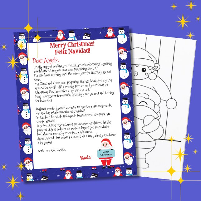 LETTRE Bleue Bleue POUR ENFANTS Espagnol (Blue bilingual letter from Santa Christmas, personalized name & Spanish text. Multilingual Project)