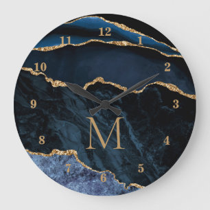 LETTRE Bleue MARBRE D'OR Personnalisée Mur Horloge
