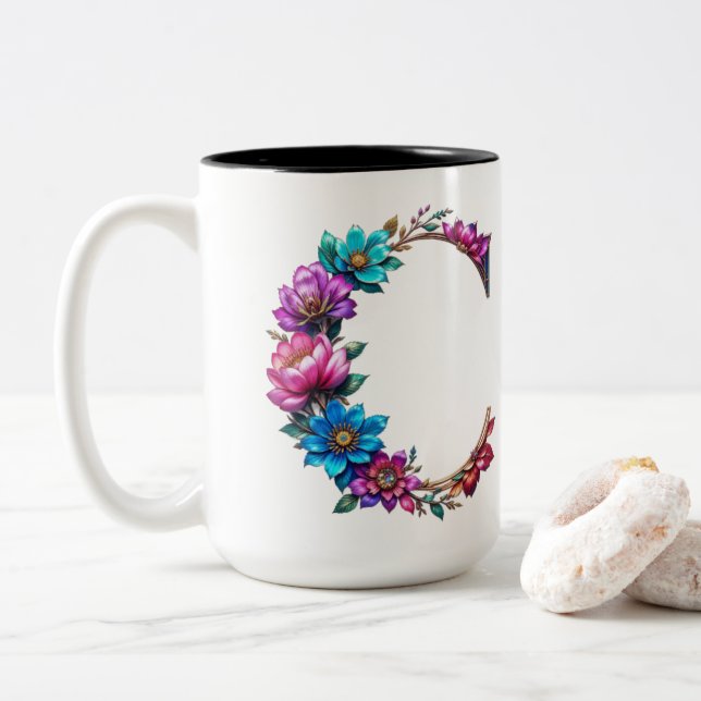 Lettre C Mug de café - Design floral pour le don (Avec donut)