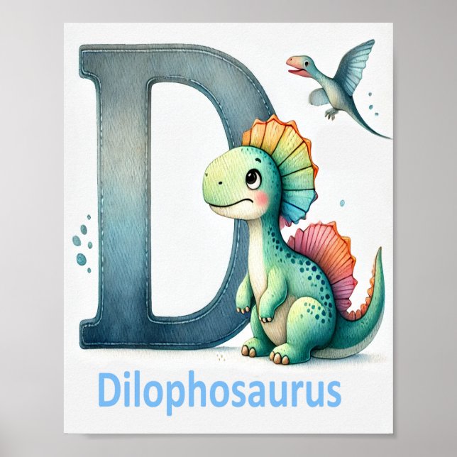Lettre D, Poster d'aquarelle Dinosaure Alphabet (Devant)