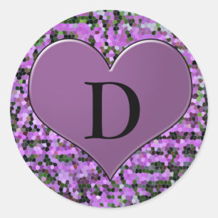 Lettre 'D' sur autocollant rond coeur violet