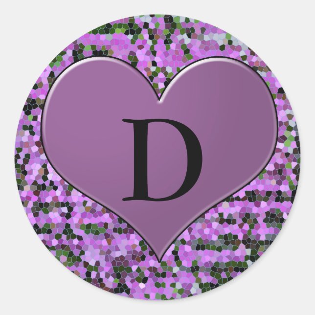Lettre 'D' sur autocollant rond coeur violet (Devant)