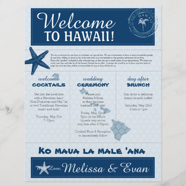 Lettre d'accueil Mariage bleu Starfish pour Hawaii (Devant)