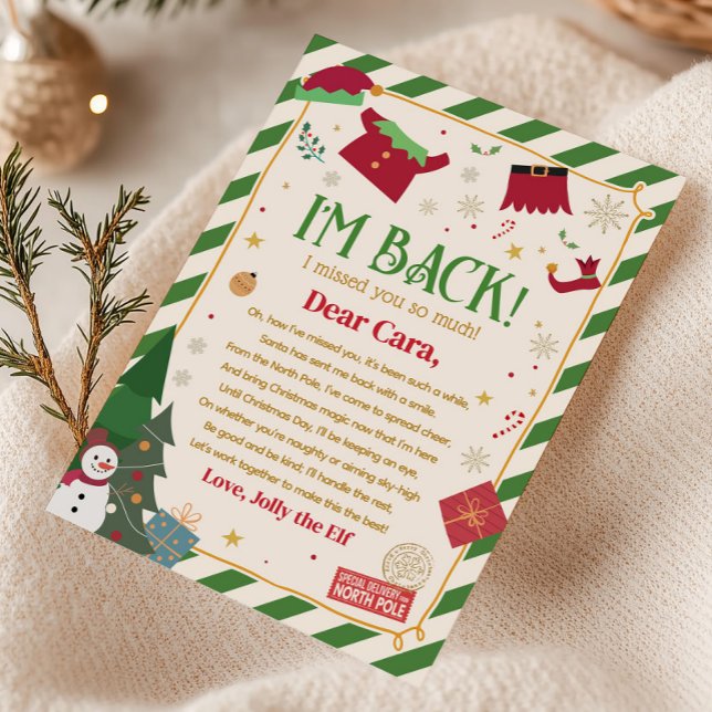 Lettre d'arrivée de l'elfe de Noël Carte de lettre (I'm Back Letter from Elf Christmas Arrival Letter Card)