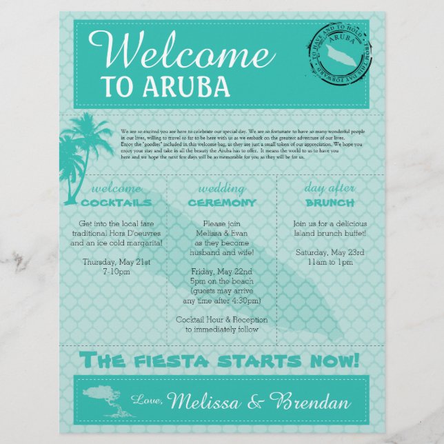Lettre de bienvenue mariage pour Aruba (Devant)