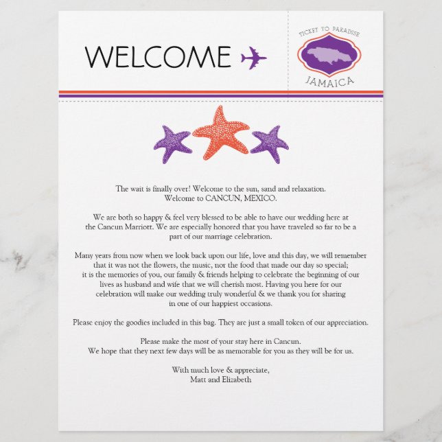 Lettre de bienvenue mariage pour la Jamaïque (Devant)